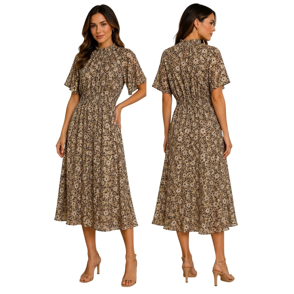 Kate‎ Spade Silk Metallic Floral Smocked Midi Dress Gold Brown Size 6